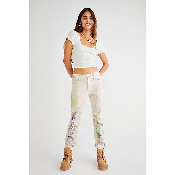 Free People x MOTHER The Scrapper Cuff Ankle Fray Jeans Size 27